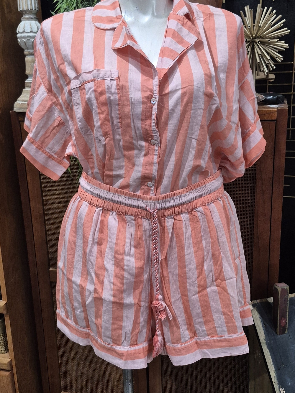Anthropologie Coral and White Striped Button-Front Short PJ Set